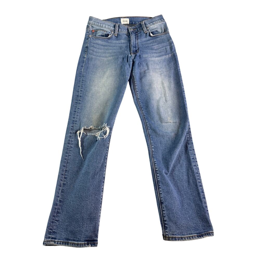 Hudson Jeans Womens 28 High Rise Straight Leg Distressed Knee Blue Denim Jeans